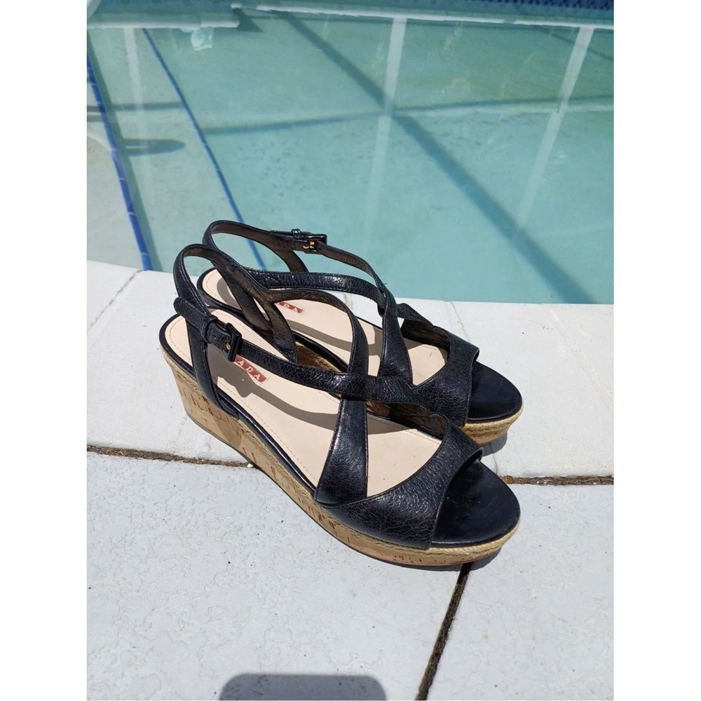 Designer Luxe Prada Black Leather Strappy Cork Wedge Sandals Women's 8.5